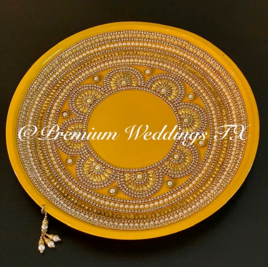 Yellow Pearl & Flower Mandala Mehndi Thaali, Mehndi Thaal, Mehndi Plates, Mehndi Thaali, Puja Thaali, Mehndi Decor, Mehndi, Haldi, Haldi Decor, Shaadi Decor, Shagun, Home Decor, Indian Wedding, Punjabi Wedding, Pakistani Wedding, Centerpiece Decor, Wedding Decor, Pearl Gold Embellished Thaali, Red Thaali, Embellished Thaali, Embellished Thaals, Thaali, Mehndi Thaals, Thaals