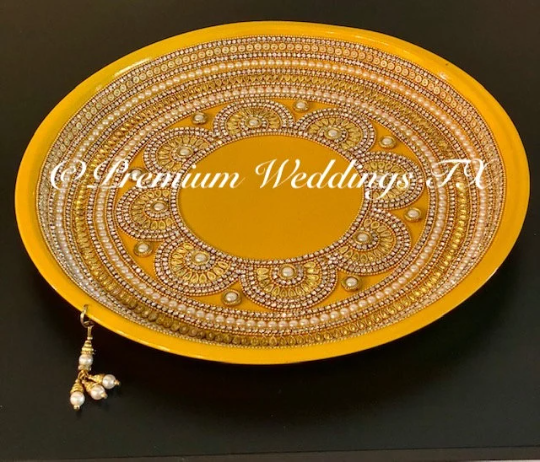 Yellow Pearl & Flower Mandala Mehndi Thaali, Mehndi Thaal, Mehndi Plates, Mehndi Thaali, Puja Thaali, Mehndi Decor, Mehndi, Haldi, Haldi Decor, Shaadi Decor, Shagun, Home Decor, Indian Wedding, Punjabi Wedding, Pakistani Wedding, Centerpiece Decor, Wedding Decor, Pearl Gold Embellished Thaali, Red Thaali, Embellished Thaali, Embellished Thaals, Thaali, Mehndi Thaals, Thaals