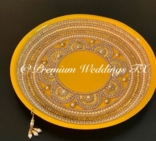 Yellow Pearl & Flower Mandala Mehndi Thaali, Mehndi Thaal, Mehndi Plates, Mehndi Thaali, Puja Thaali, Mehndi Decor, Mehndi, Haldi, Haldi Decor, Shaadi Decor, Shagun, Home Decor, Indian Wedding, Punjabi Wedding, Pakistani Wedding, Centerpiece Decor, Wedding Decor, Pearl Gold Embellished Thaali, Red Thaali, Embellished Thaali, Embellished Thaals, Thaali, Mehndi Thaals, Thaals