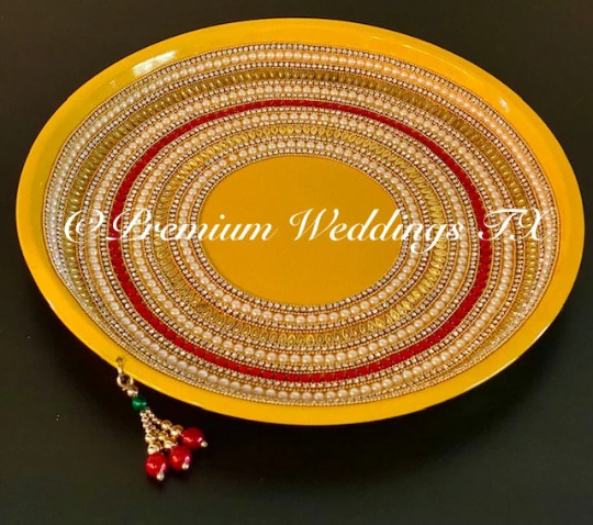 Yellow Red & Pearl Spiral Mehndi Thaali, Mehndi Thaal, Mehndi Plates, Mehndi Thaali, Puja Thaali, Mehndi Decor, Mehndi, Haldi, Haldi Decor, Shaadi Decor, Shagun, Home Decor, Indian Wedding, Punjabi Wedding, Pakistani Wedding, Centerpiece Decor, Wedding Decor, Pearl Gold Embellished Thaali, Red Thaali, Embellished Thaali, Embellished Thaals, Thaali, Mehndi Thaals, Thaals