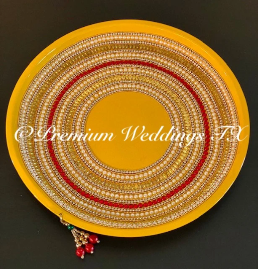 Yellow Red & Pearl Spiral Mehndi Thaali, Mehndi Thaal, Mehndi Plates, Mehndi Thaali, Puja Thaali, Mehndi Decor, Mehndi, Haldi, Haldi Decor, Shaadi Decor, Shagun, Home Decor, Indian Wedding, Punjabi Wedding, Pakistani Wedding, Centerpiece Decor, Wedding Decor, Pearl Gold Embellished Thaali, Red Thaali, Embellished Thaali, Embellished Thaals, Thaali, Mehndi Thaals, Thaals