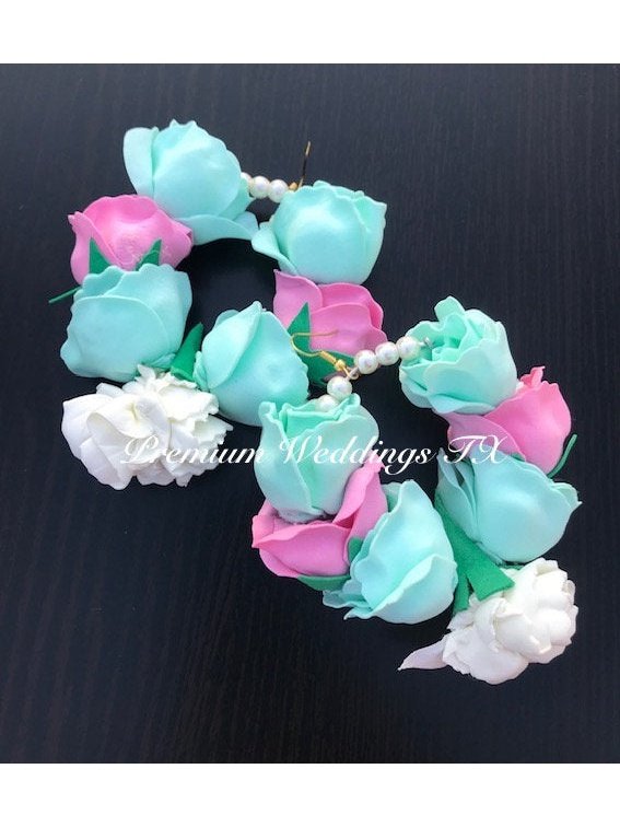 Mint & Pink Rose Bud Flower Gajra Set