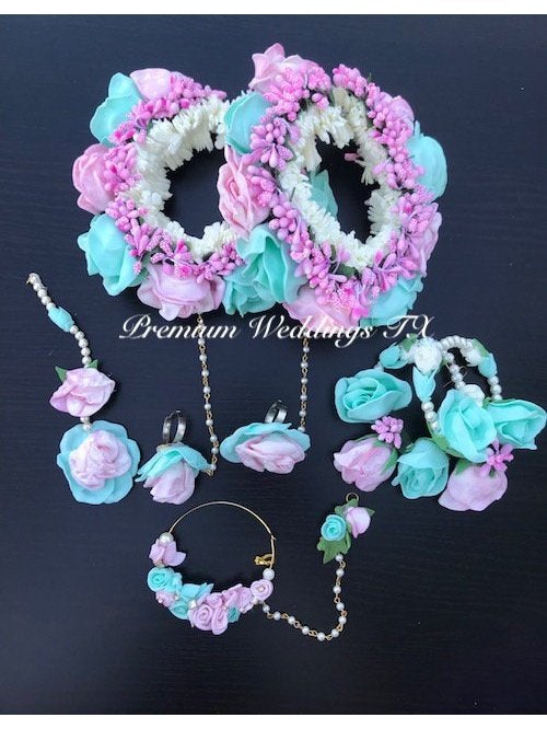 Mint & Pink Flower NosePin Gajra Set - Premium Weddings TX