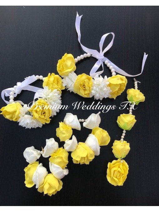 Lemon Yellow Rose Bud Gajra Set - Premium Weddings TX