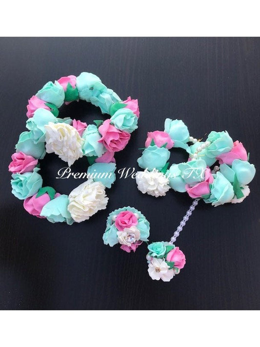 Mint & Pink Rose Bud Flower Gajra Set - Premium Weddings TX