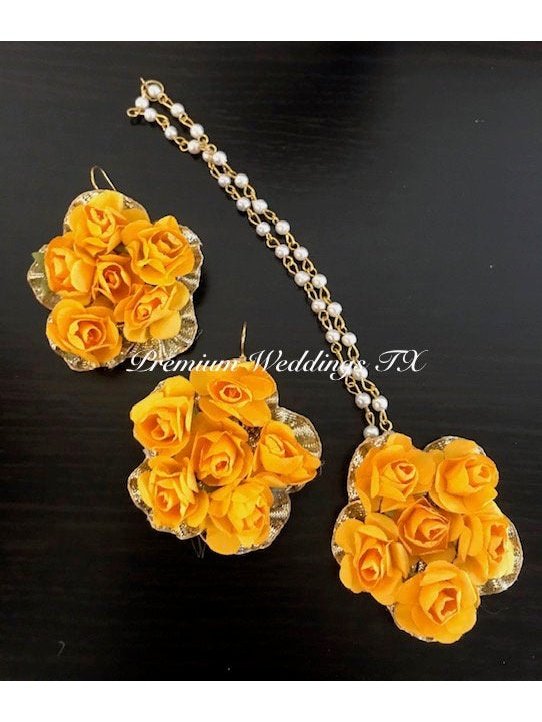 Yellow Flower Anklet Gajra Set - Premium Weddings TX