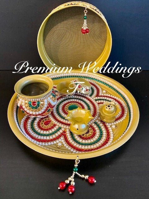 Gold Puja Thaali Set, Puja Thaali Set, Henna Thaali, Thaali, Haldi Decor, Haldi Accessories, Shagun Thaali, Karwa Chauth, Puja Thaali, Diwali Decor, Mehndi Thaali, Lohri Decor, Diwali Accessories, Janmashtami Decor, Navratri Decor