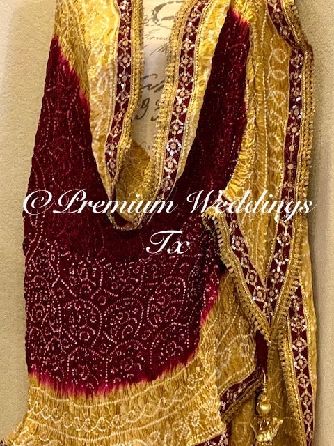 Maroon & Gold Bandhini Dupatta - 1Ct - Premium Weddings TX