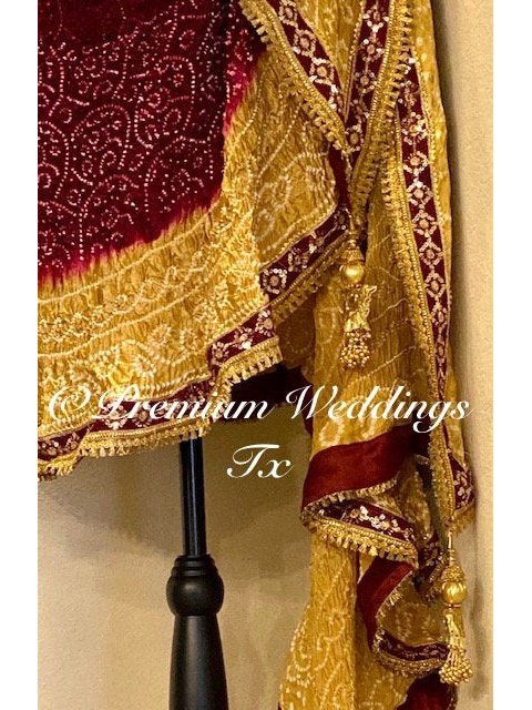 Maroon & Gold Bandhini Dupatta - 1Ct - Premium Weddings TX