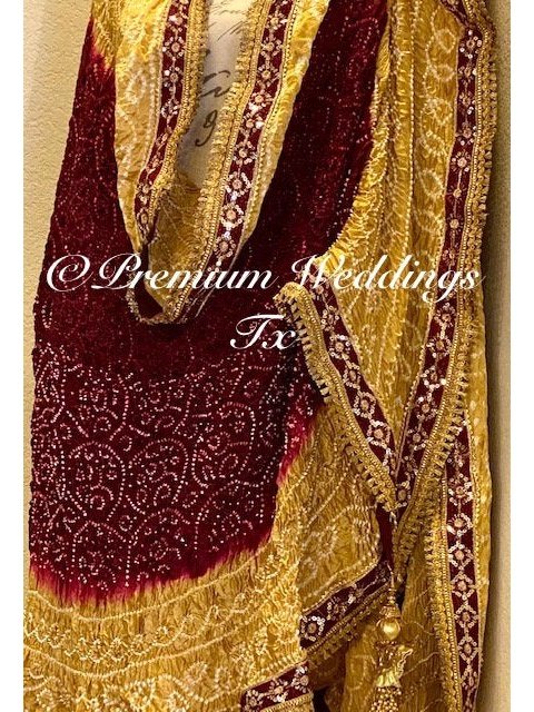 Maroon & Gold Bandhini Dupatta - 1Ct - Premium Weddings TX