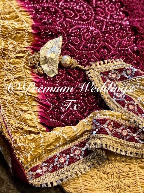 Maroon & Gold Bandhini Dupatta - 1Ct - Premium Weddings TX
