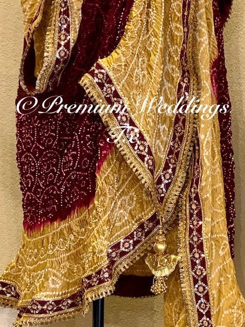 Maroon & Gold Bandhini Dupatta, Mayoon, Mehndi, Mayoon Dupatta, Mehndi Dupatta, Nikkah Dupatta, Shaadi, Shaadi Decor, Dulhan, Haldi