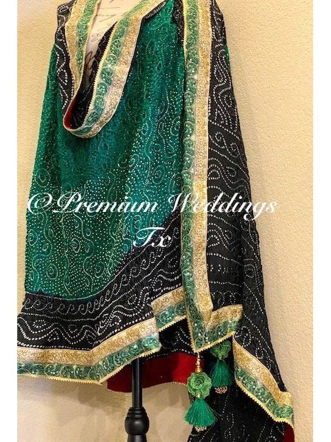 Green & Black Bandhini Dupatta, Mayoon, Mehndi, Mayoon Dupatta, Mehndi Dupatta, Nikkah Dupatta, Shaadi, Shaadi Decor, Dulhan, Haldi