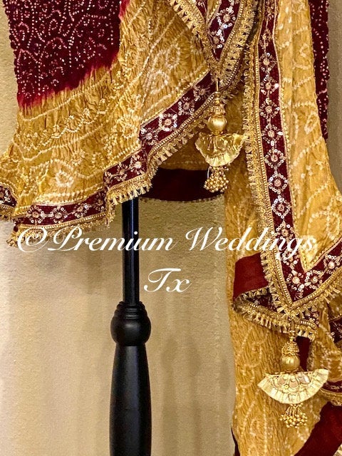 Maroon & Gold Bandhini Dupatta - 1Ct - Premium Weddings TX